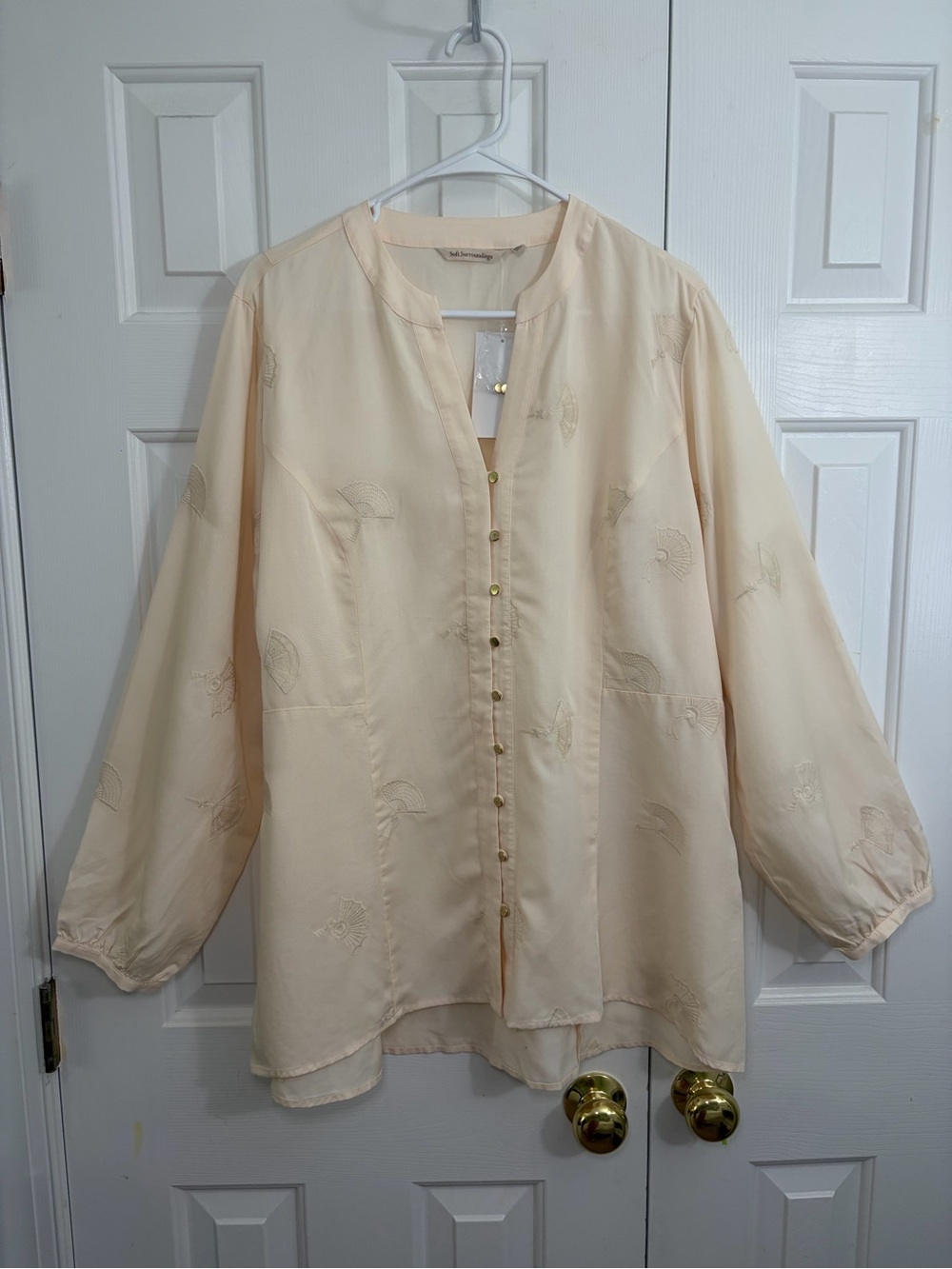 NWT New Soft Surroundings Sonja Cream Fan Embroidered Tencel Top Blouse 1X